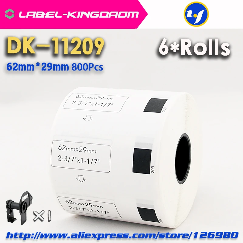 6 рулонов для заправки совместимых DK-11209 этикеток 62 мм* 29 мм, 800 шт., совместимых с принтером этикеток Brother, белая бумага DK11209 DK-1209