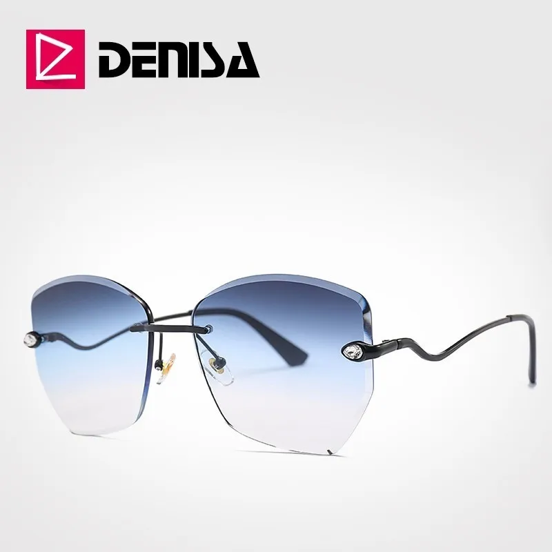 DENISA, роскошные солнцезащитные очки для девушек,, стразы, без оправы, очки, Ретро стиль, полигон, женские солнцезащитные очки, фирменный дизайн, UV400, G23059 - Цвет линз: Blue Sunglasses