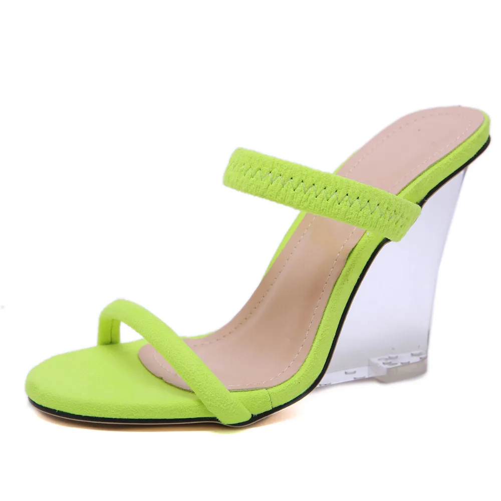 

New BaiBeiQi Women Sexy Crystal Heel Wedges Sandals Slippers Fluorescent Color Narrow Band Heels Mules Summer Shoes Woman