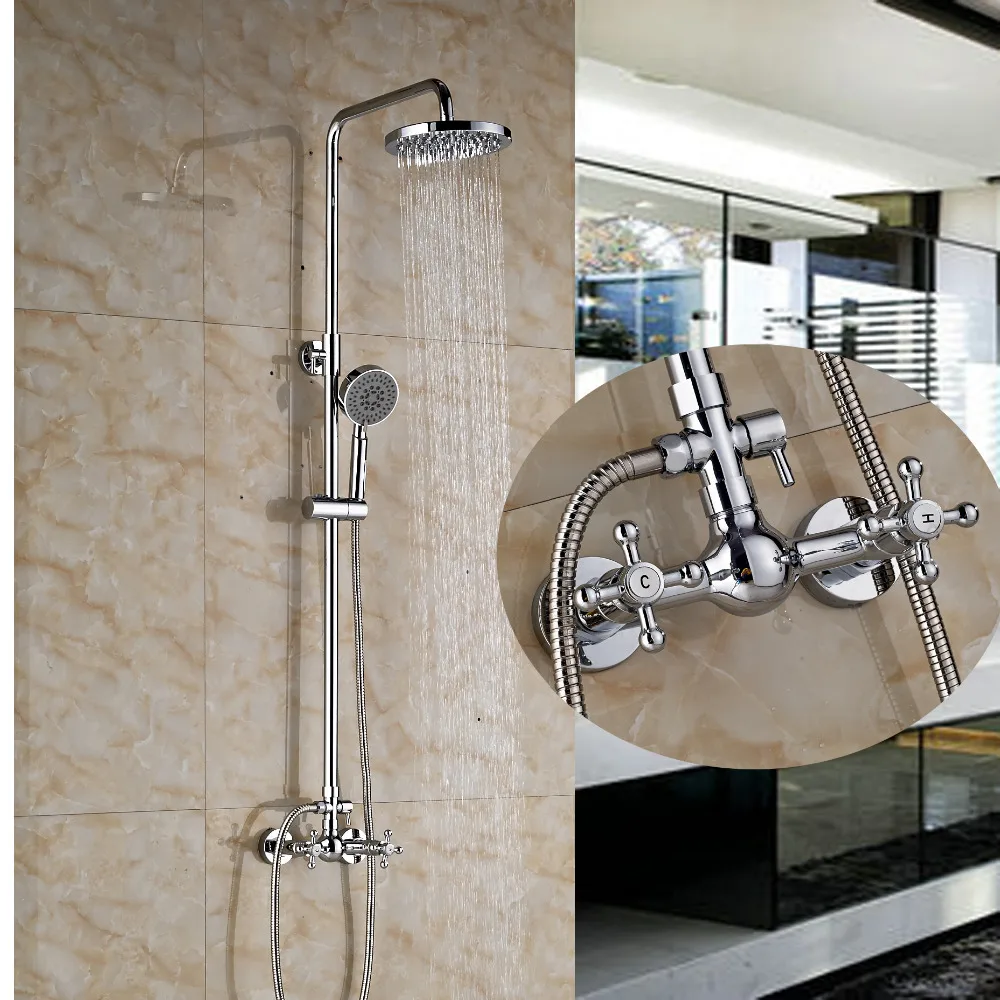 

Modern Dual Handles Valve Mixer Tap 8" Round Rain Shower W/ Hand Sprayer Mixer