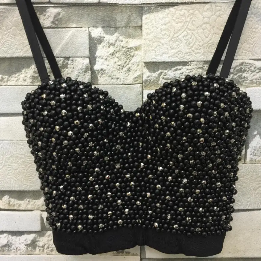 

High quality Hand-made Pearls Jewel Diamond beading Women's Bustier Bra Cropped sling Top Vest Plus Size w1170