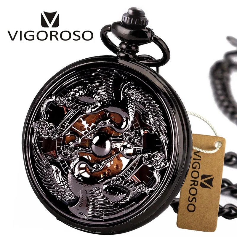Новые черные стальные винтажные Ретро механические ручной Ветер стимпанк Скелет карманные часы FOB цепь подарки VIGOROSO часы бренд