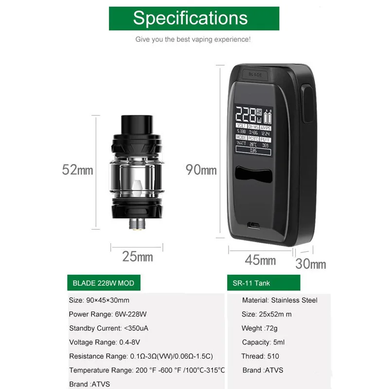 Аутентичные вездеходы лезвия 228 Вт Starter Kit 18650 Батарея огромный Vape VW Box Mod для
