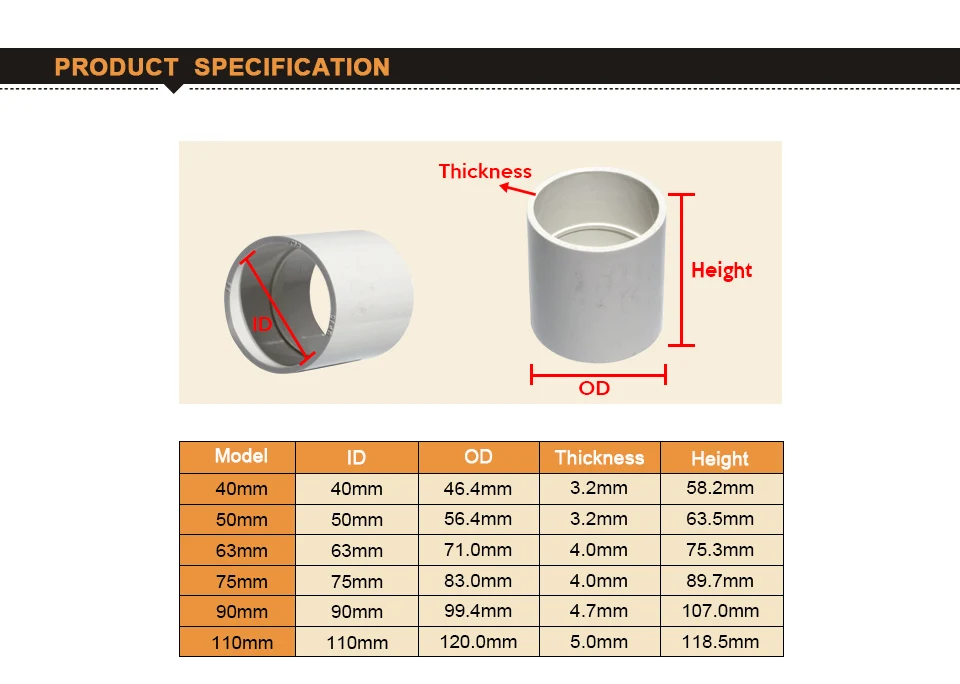 PVC-U Pipe Fittings Water Pipe Joint 40/50/63/75/90/110mm 1.2''/1.5''/2'' ID Tube Water Connectors DIY UPVC Pipe Joint Fitting