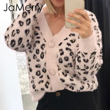 

JaMerry Vintage leopard print mohair women cardigan sweater Button knitted female cardigan Long sleeve autumn winter jumper coat