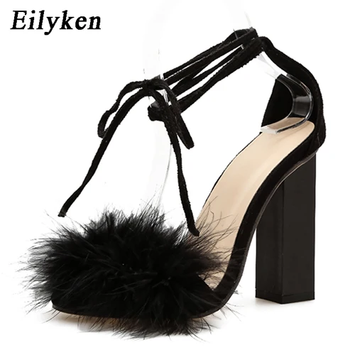 Eilyken/Коллекция года; женские босоножки на высоком каблуке с натуральным мехом и перьями; Туфли-лодочки; Цвет Бордовый; Свадебная обувь для подружки невесты - Цвет: Black