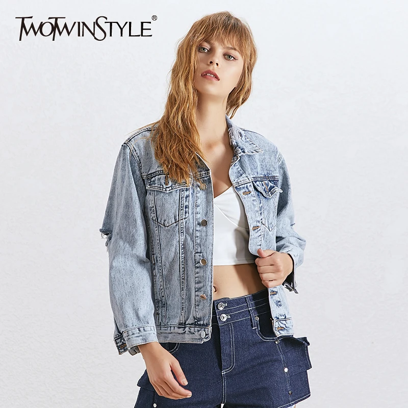 

TWOTWINSTYLE Streetwear Denim Jacket For Women Lapel Collar Long Sleeve Ripped Hole Coat Female Fashion Autumn Clothing 2019