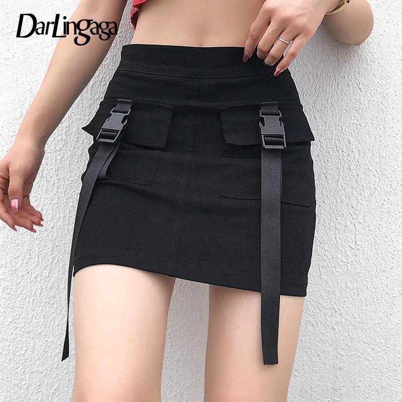 

Darlingaga Streetwear Cotton Black Bodycon Mini Skirt Buckle Pockets Cargo High Waist Skirt Summer Short Skirts Womens Bottoms