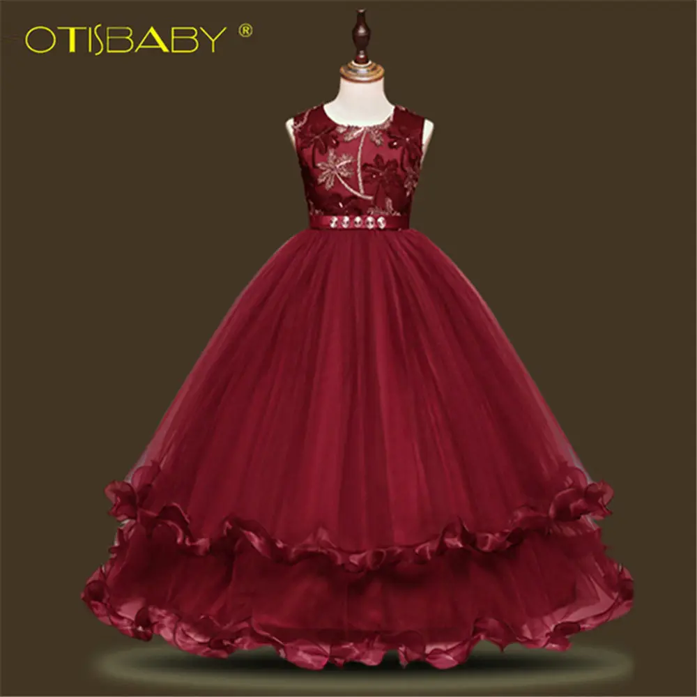 Летнее Элегантное свадебное платье для девочек, детские тюлевые вечерние платья с вышивкой бриллиантами, платье на выпускной без рукавов для подростков - Цвет: Red