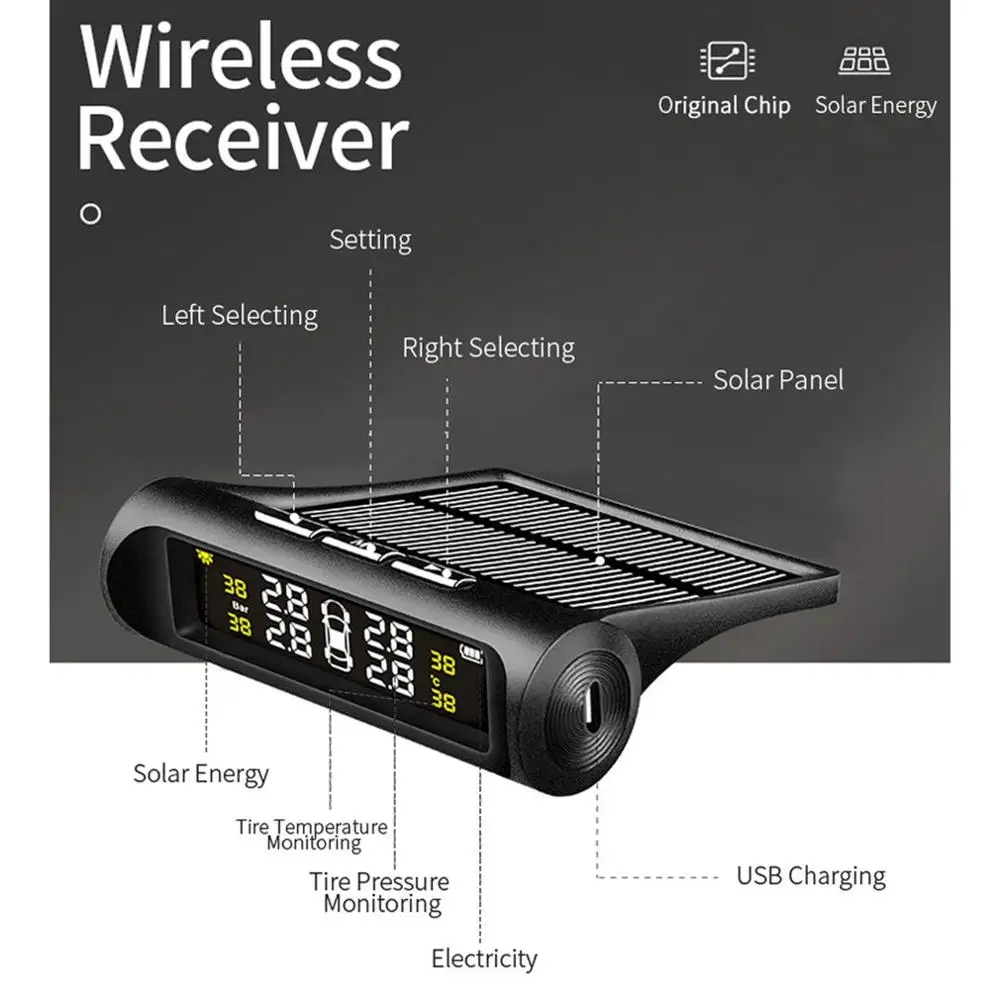Wireless TPMS Car Tire Pressure USB Charging Monitoring System LCD Display Precise Detection Alarm External Sensor
