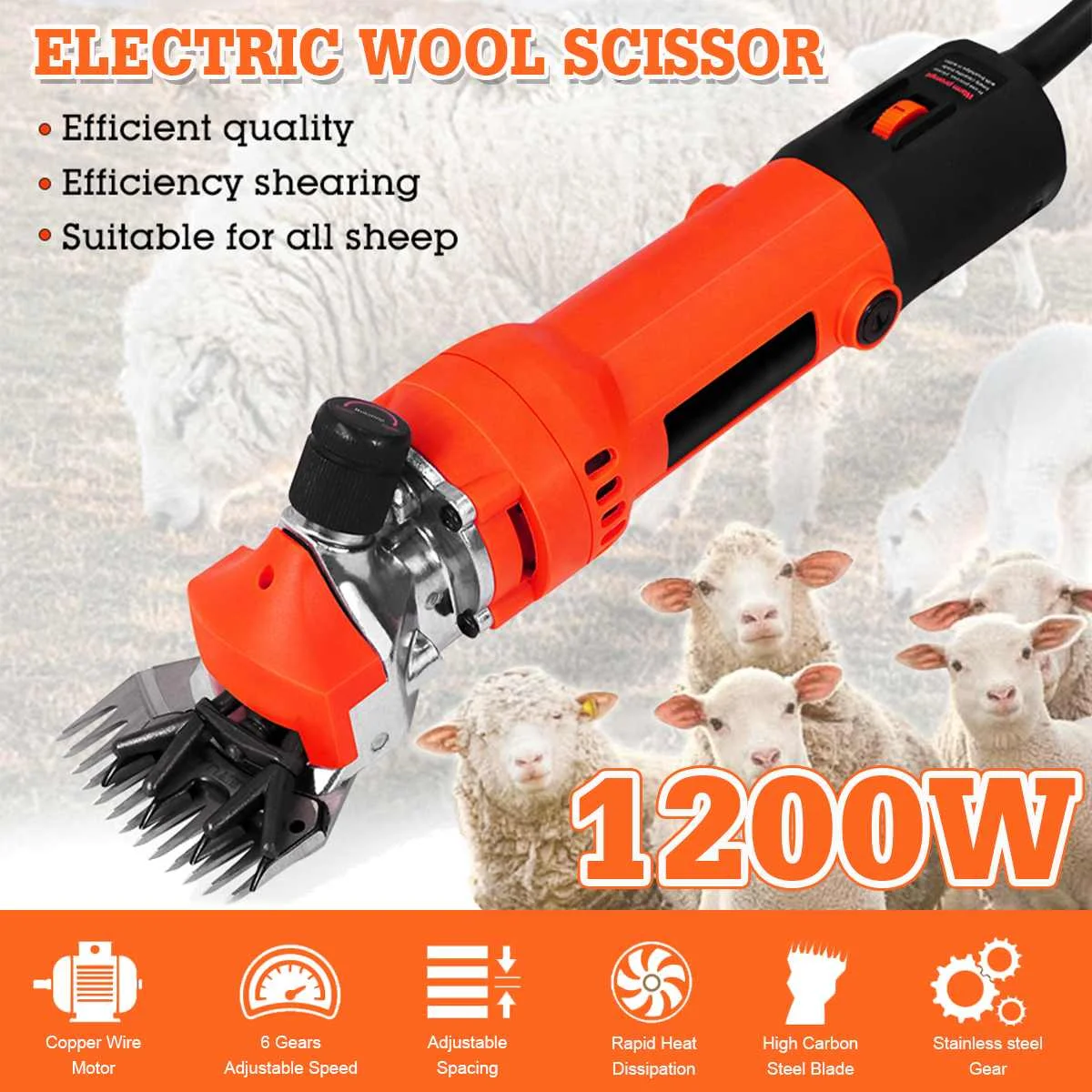 

1200W 220V 9 Teeth Electric Shearing Sheep Wool Scissors Clipper Shear Sheep Goats Alpaca Shears Animal Cutter Adjustable 6Speed