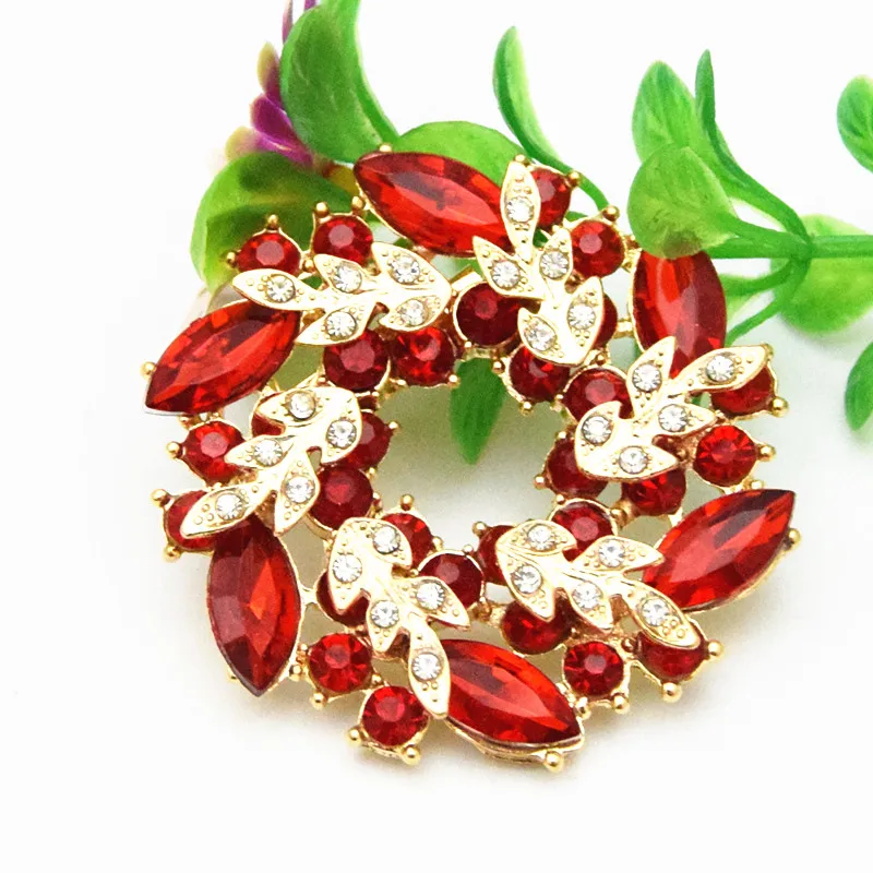 Red Crystals Wreath Floral Pins Brooches Cheap Wholesale Factory Price