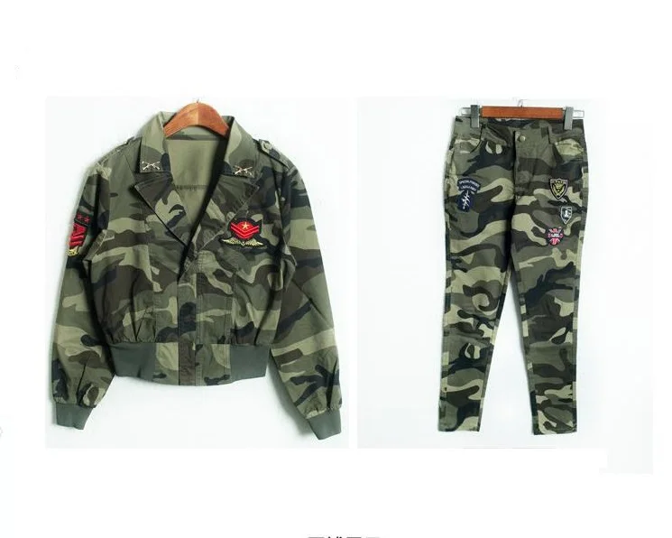 

Womens two piece sets 2019 camouflage womens tracksuit set army green Pure cotton suit Appliques military camouflage