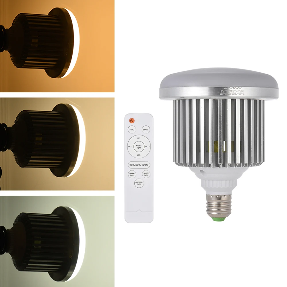 

Andoer Bulb Lamp E27 50W LED Adjustable Brightness & Color Temperature with Remote Control Studio Photo Video Light AC185-245V