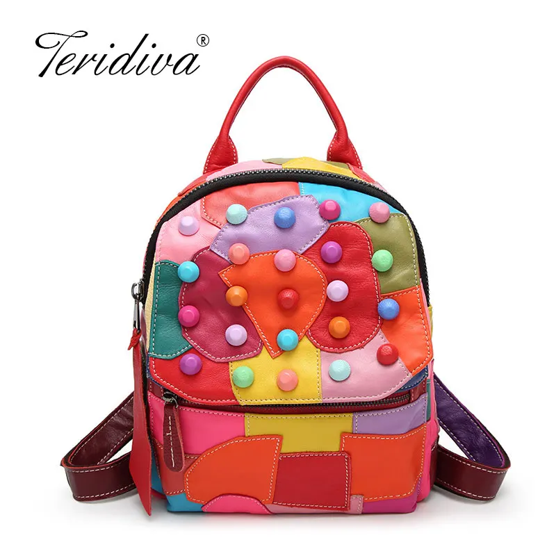 

Beautiful Colorful Patchwork Design Sheepskin Women Backpack Casual Rivets Women's Travel Bags Preppy Style School Bag