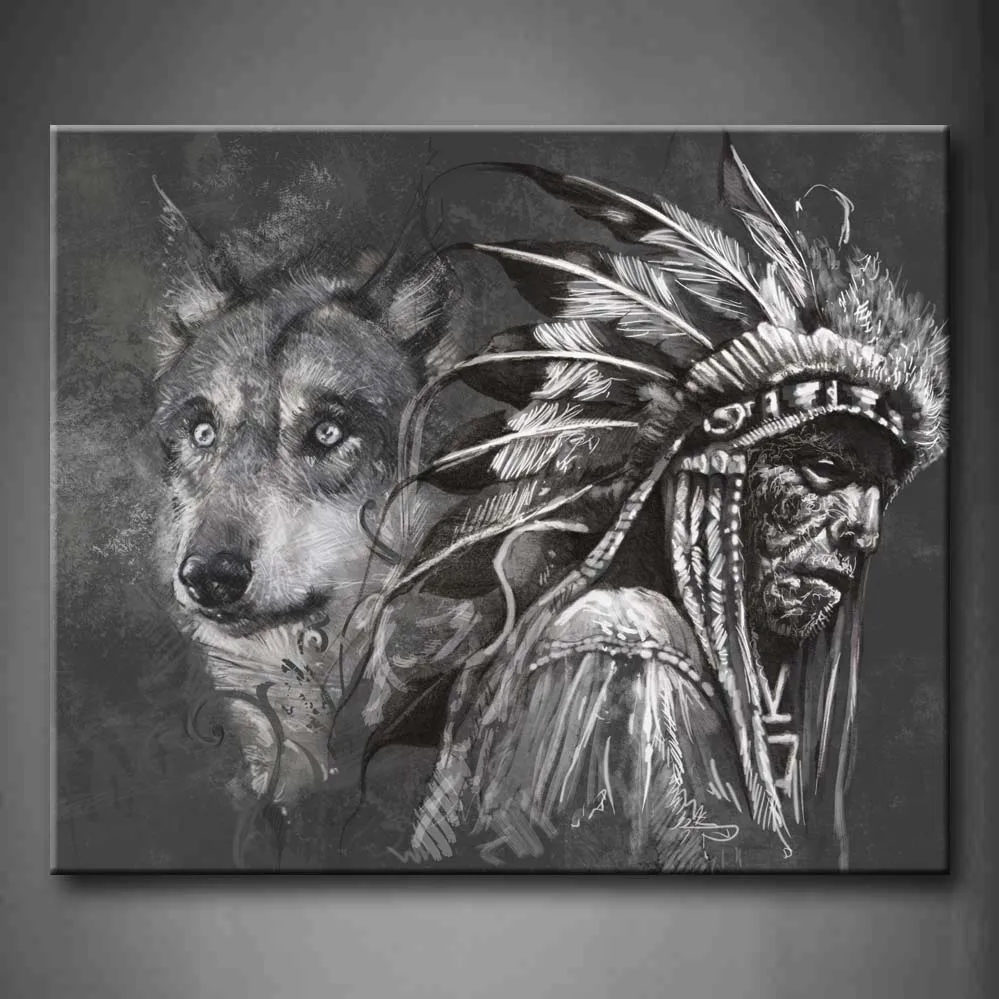 

Framed Wall Art Picture Wolf Indians Canvas Print Artwork Animal Modern Posters With Wooden Frames For Living Room Decor