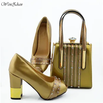 

Gold Party Shoes and bag maching High heel with smart hand bag matching set African Shoes and bag set 38-42 WENZHAN B95-22