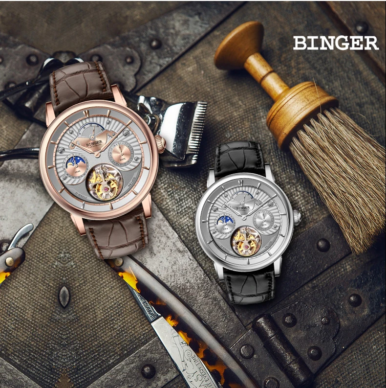 Оригинальные Роскошные Брендовые мужские часы BINGER TOURBILLON с ремешком из крокодиловой кожи сапфировые водонепроницаемые механические мужские часы