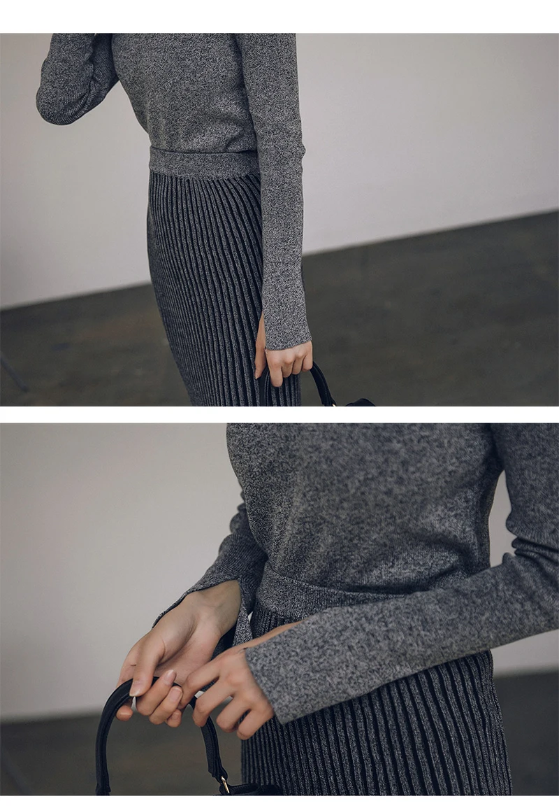 Новинка, осенний комплект из двух предметов, Женский пуловер, вязаный свитер+ высокая талия, вязанная плиссированная юбка, женские модные элегантные костюмы