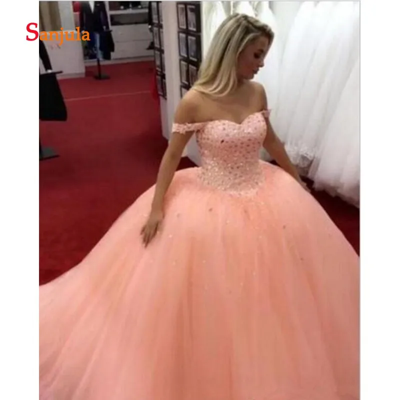 Принцессы бальное платье без бретелек Quinceanera от плеча блестящей вышитое Блестящим Бисером сладкий 16 платье съемные рукава D726