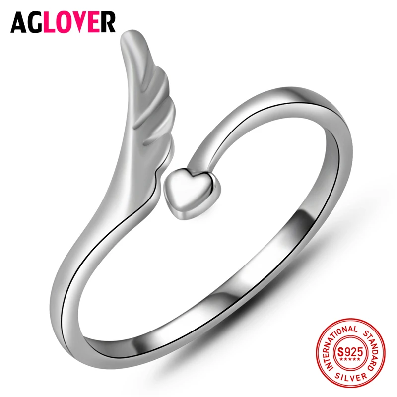 

925 Silver Angel Wings Ring Simple Charm Woman 100% Sterling Silver Heart Ring Feminine Luxury Female Jewelry