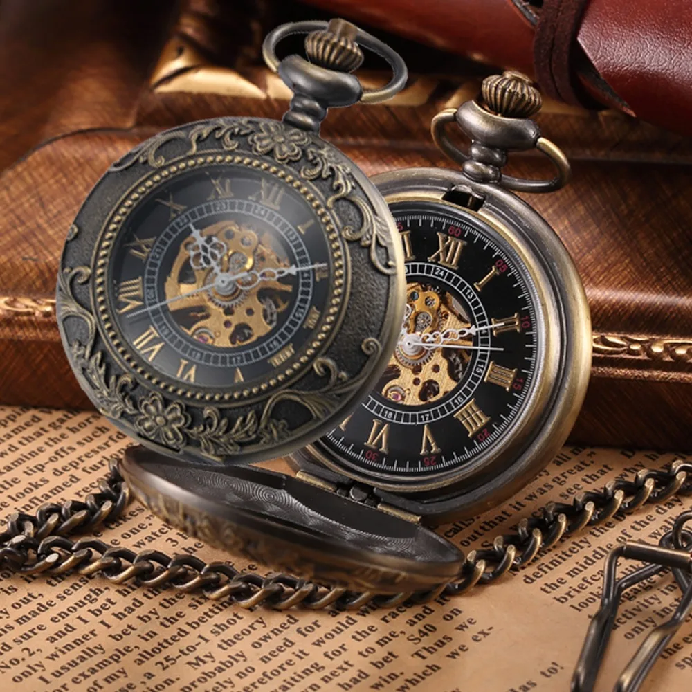 2016 Steampunk Skeleton font b Mechanical b font Bronze Pocket Watch font b Men b font