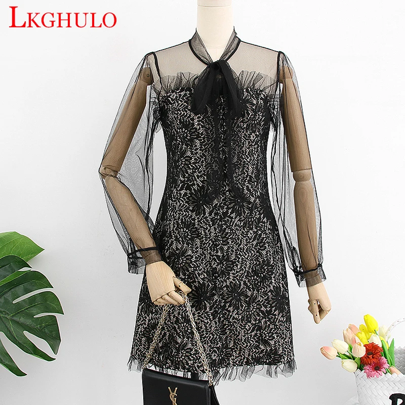 

Elegant Lace Patchwork Vintage Dresses 2018 Fashion Long Sleeve Hollow Out Waist A-line Women Party Dress A11