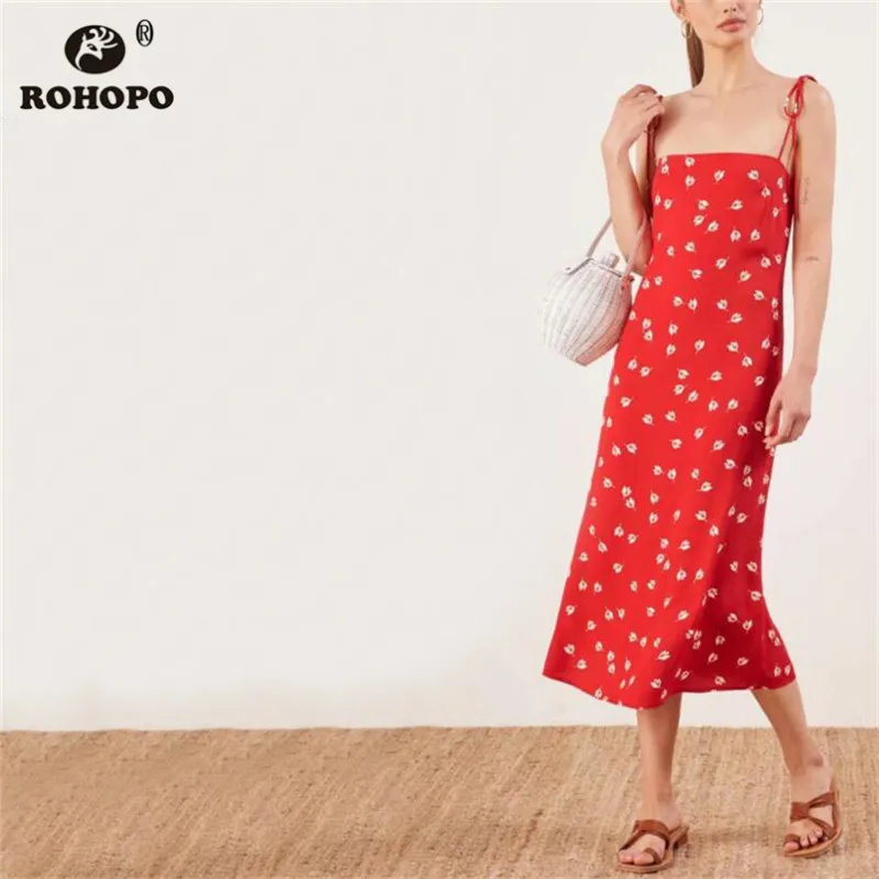 

ROHOPO Female Red Spaghetti Strap Midi Dress Printed Vintage Casual Baggy Pleated Party Printed Dress #YY030H