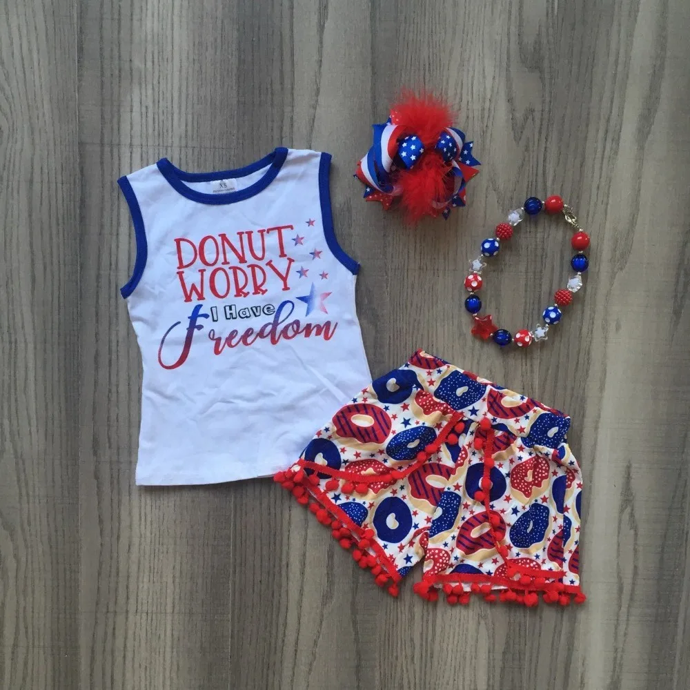 

baby girls Summer clothes cotton donut worry i have freedom boutique shorts pom-pom outfits July 4th match accessories kidswear