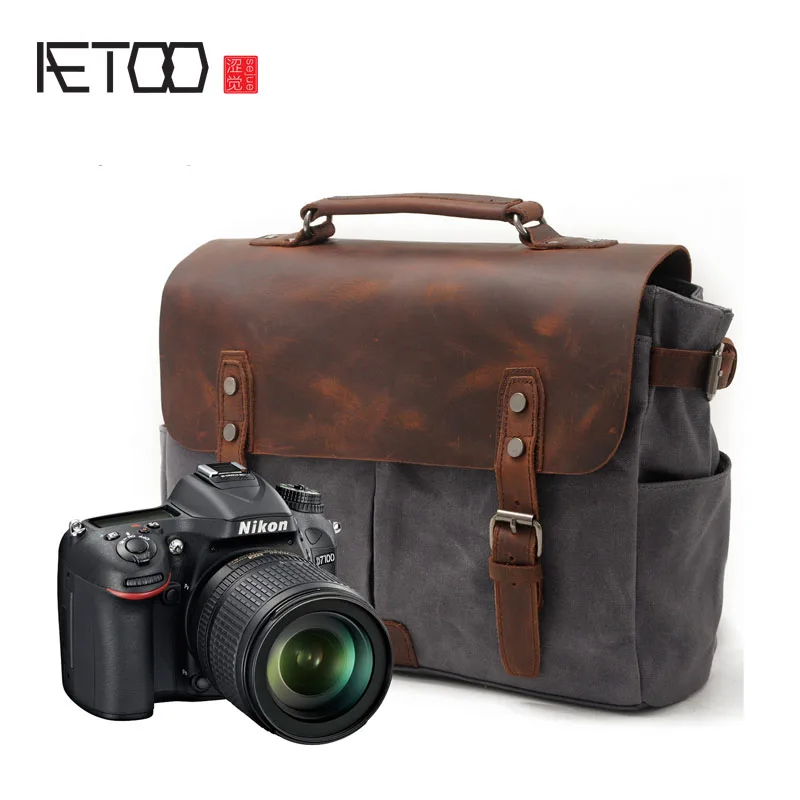 

AETOO New men casual shoulder oil wax canvas with crazy horse waterproof Messenger bag retro camera