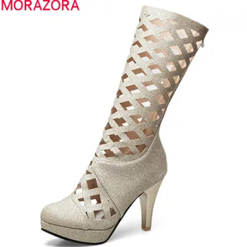 

MORAZORA 2020 new style round toe summer boots hollow out platform mid calf boots zipper fashion high party heels shoes woman