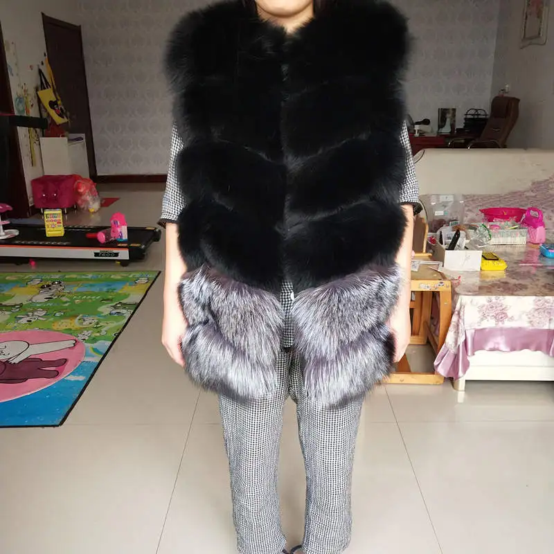 

Real fox fur natural black vest short fashion warm fox fur jacket silver fox color
