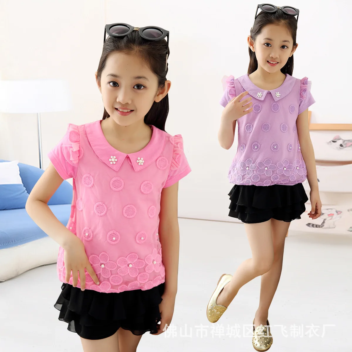 

New Children's Wear Summer Lace Short-sleeved Girls Korean Lapels T-shirt Kids Clothing Cotton 4 Colour