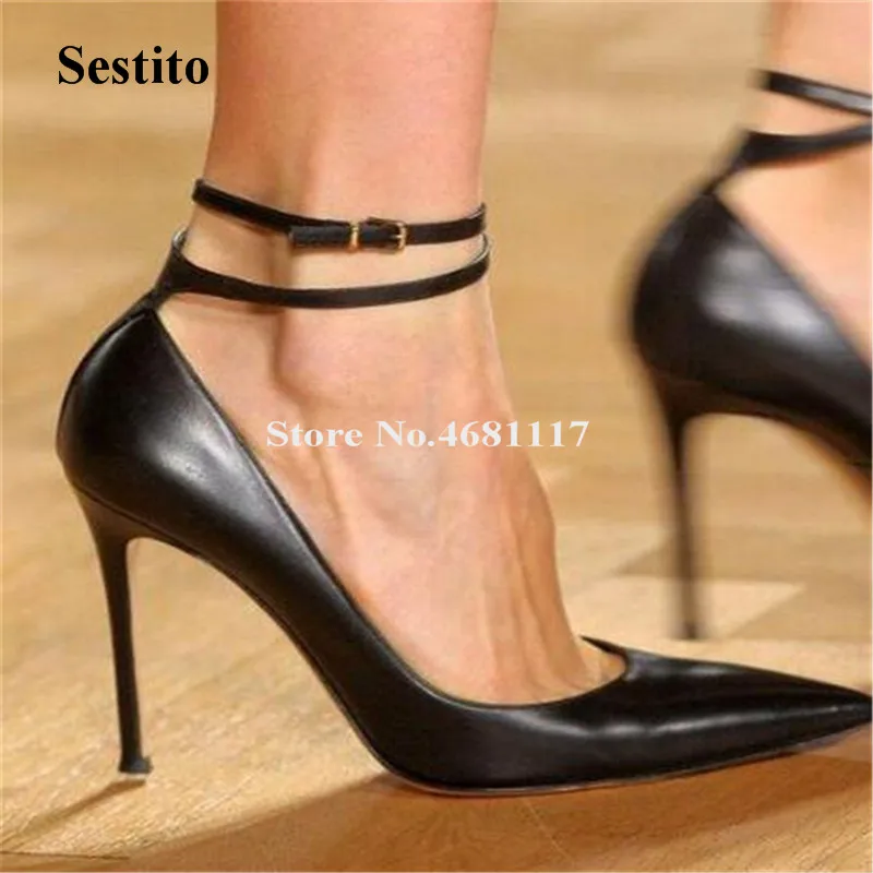 

Brand Design Women Fashion Pointed Toe Stiletto Heel Pumps Ankle Straps Black Beige High Heels Formal Party Dress Shoes