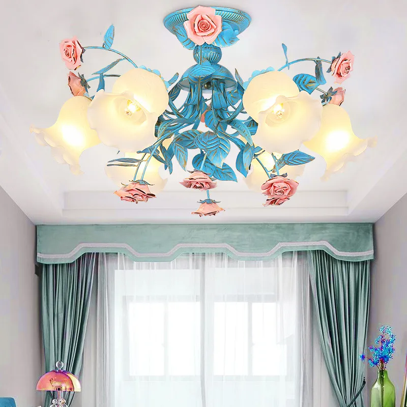 

Contemporary French Rustic Rural Blue Metal Leaf Pink Ceramic Rose Flower Modern Home Bedroom Lighting 3 Light Chandelier E27