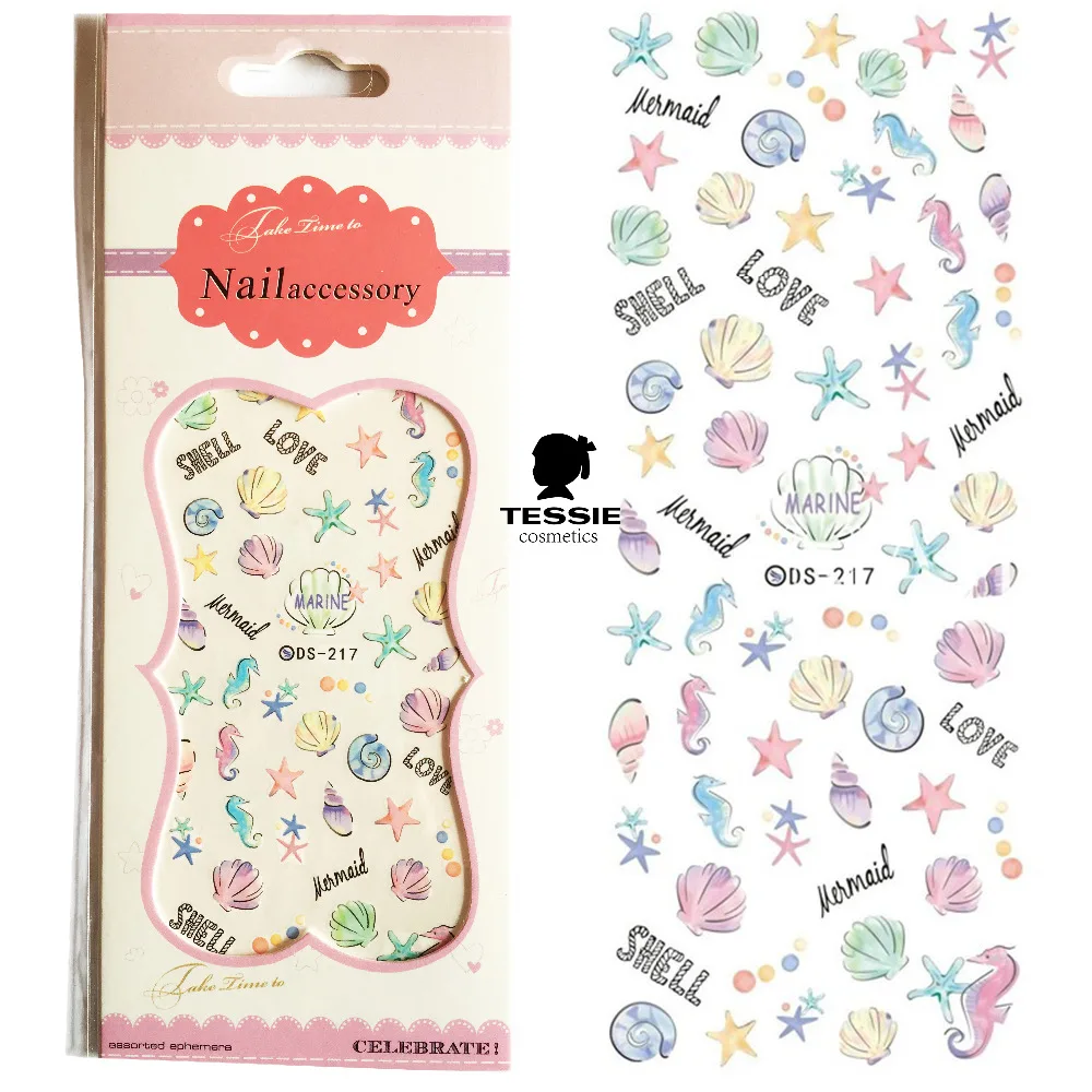 

1 sheet Ocean Mermaid Decals Shell Starfish Nail Transfer Stickers Sea Horse Nail Art Tattoo Sticker