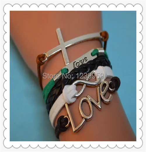 Free Shipping Hand-woven Multicolor Leather Suede Double LOVE Cross Infinity Charm Bracelet Fashion Women Alloy Jewelry C-223 | Украшения и