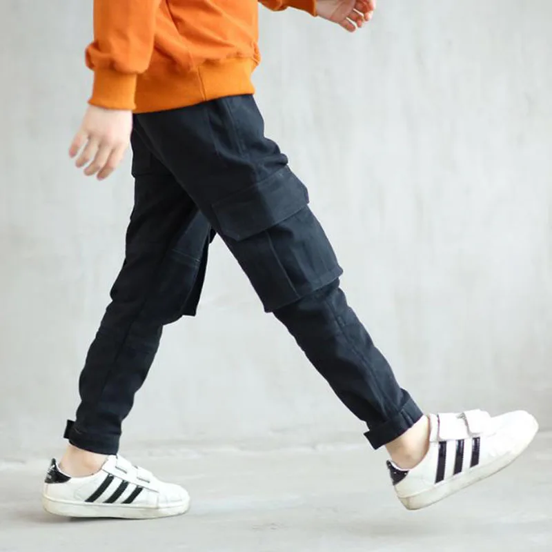 

Spring 2019 New Boys Loose Elastic Waist Cargo Pants 5-14 Years Old Fashion multi-pocket Straight Harem Pants Black And Green