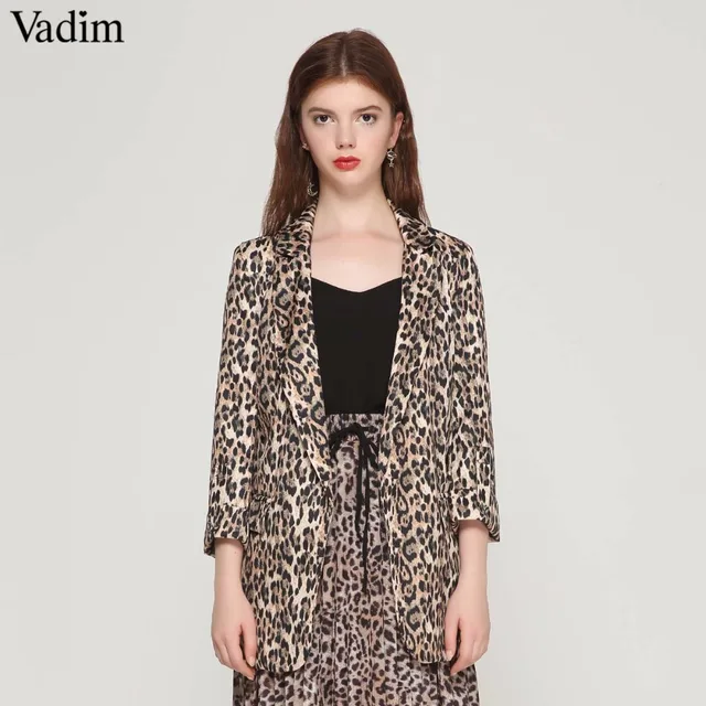 Vadim femmes vintage léopard blazer poches col Cranté manches longues manteau femelle survêtement mode casaco féminin