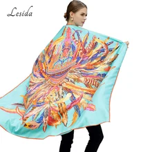 LESIDA 100% Silk Scarf Women Large Shawls Feather Print Stoles Square Bandana Luxury Brand Kerchief Scarf Female Foulard 1306