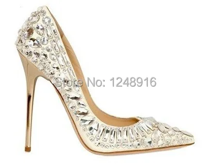 

New Brand Rhinestones Pointed Toe Pumps Genuine Leather 12cm High Heel Pumps Woman Slip On Wedding Shoes sapatos femininos