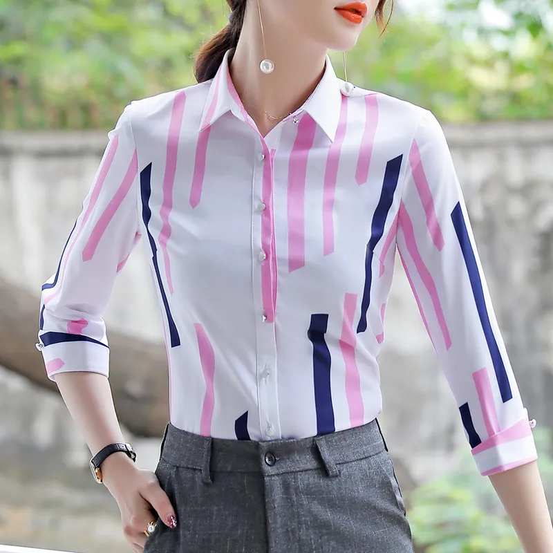 Темпераментная Женская рубашка с коротким рукавом, новинка, формальная тонкая блуза с вертикальной полоской и принтом, Офисная Женская блузка размера плюс, модный топ