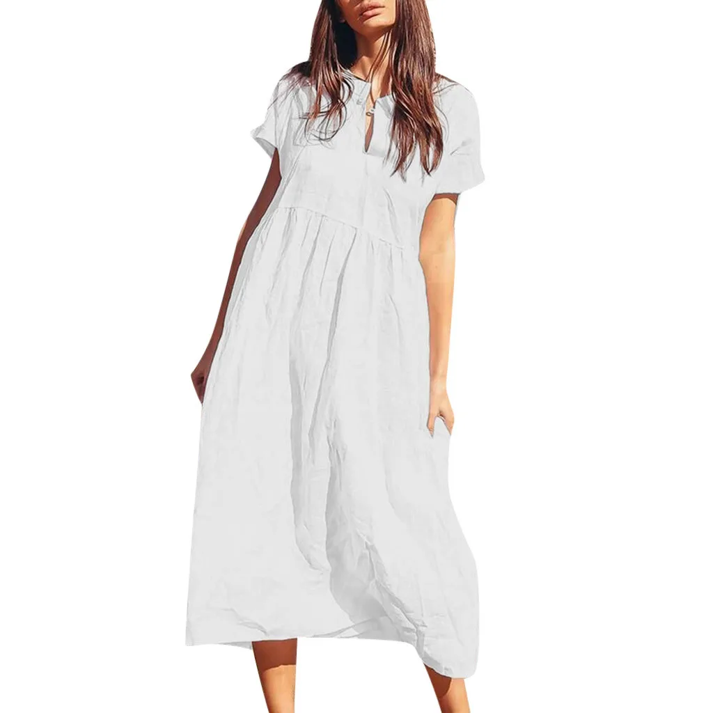 TELOTUNY Short Sleeve Solid Women Dress Fashion Turn-Down Collar Summer Beach Sundress Women's Casual Long Dresses 19L0625 - Цвет: WH