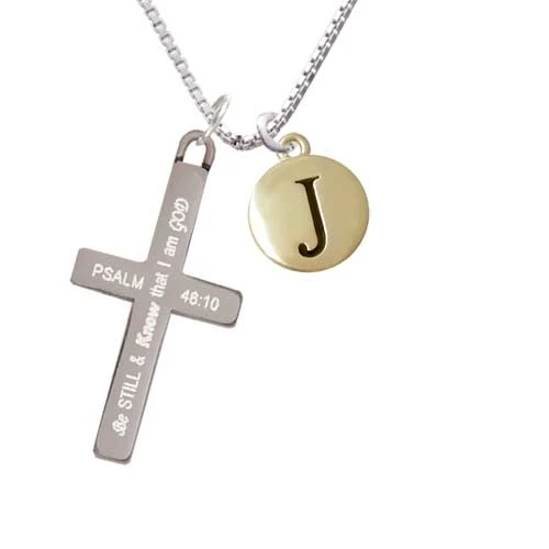 Capital Gold Tone Letter - J - Pebble Disc - - Be Still and Know - Cross Necklace (1)