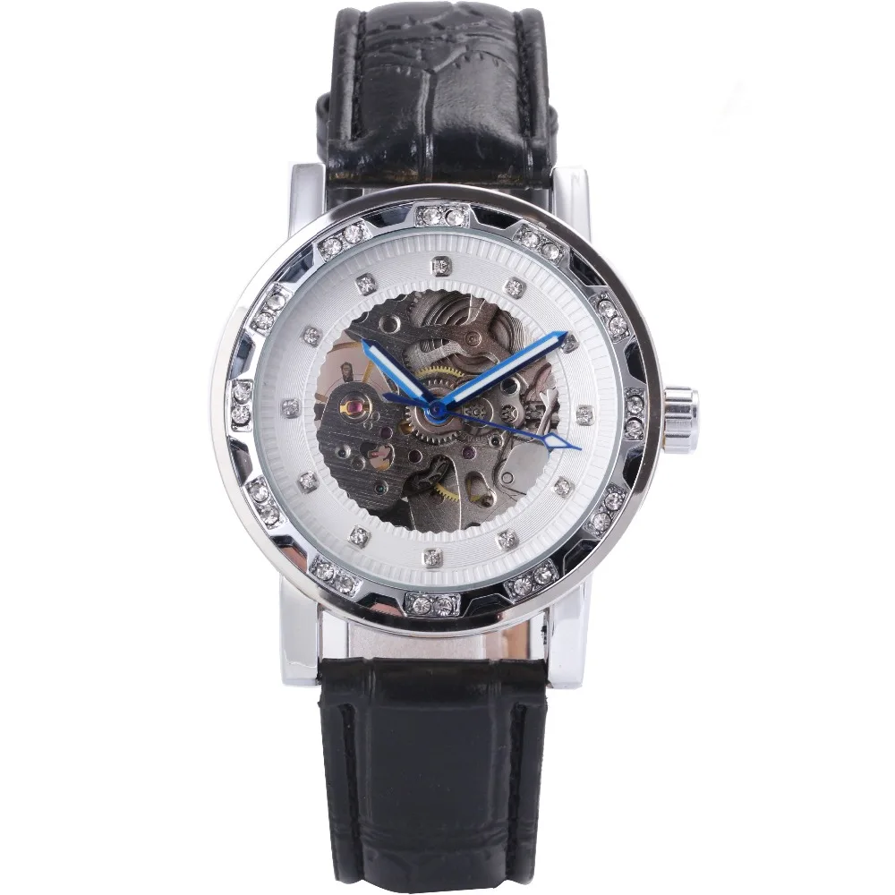 Женские часы WINNER, украшенные кристаллами, циферблат, Лидирующий бренд, роскошный кожаный ремешок, скелет, автоматические механические наручные часы для женщин