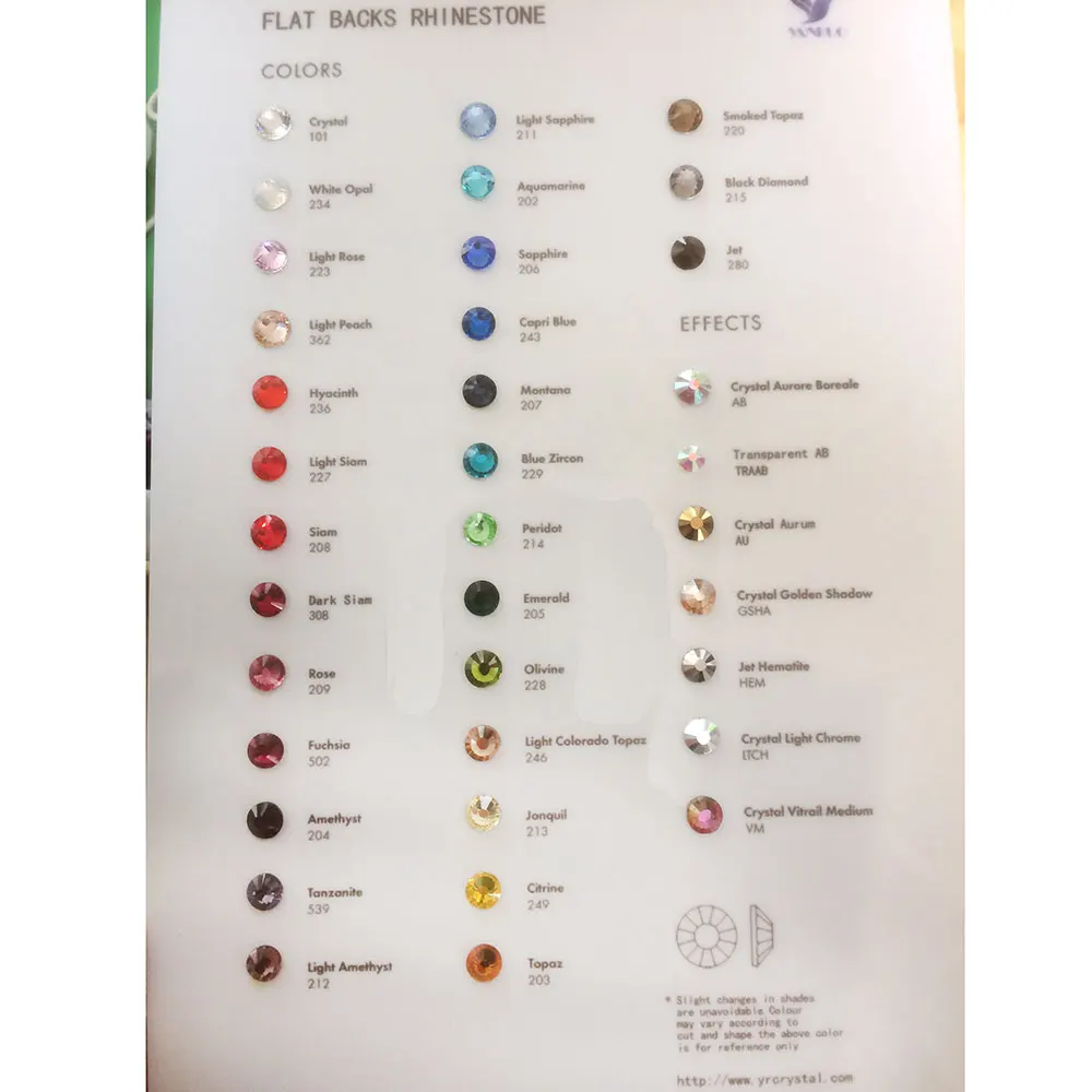 

YANRUO Hot-Fix & Non Hot-Fix Colors Card Samples Show Rhinestones