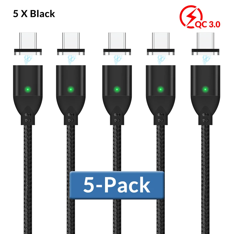 TOPK [5-Pack] 1M 3A Магнитный кабель для быстрой зарядки type-C для samsung S9 S8 Note 8 7 6 для Xiaomi mi8 mix Для huawei P10 P9 - Цвет: Black Cable
