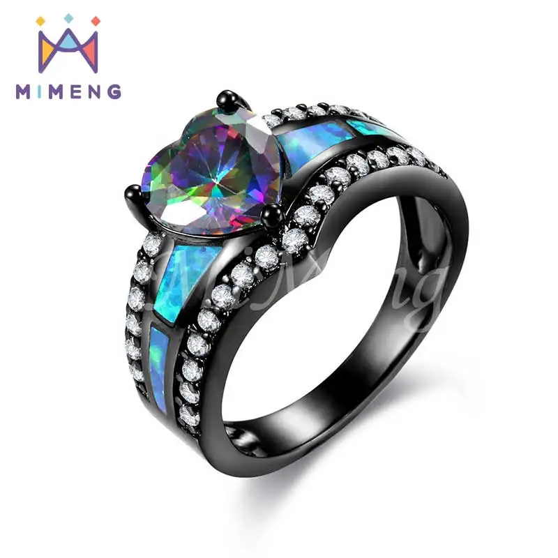 MiMeng Fire Opal Rainbow CZ Colorful Heart shaped Ring For Women Black Gold Color Statement for Girls Gift M30 | Украшения и