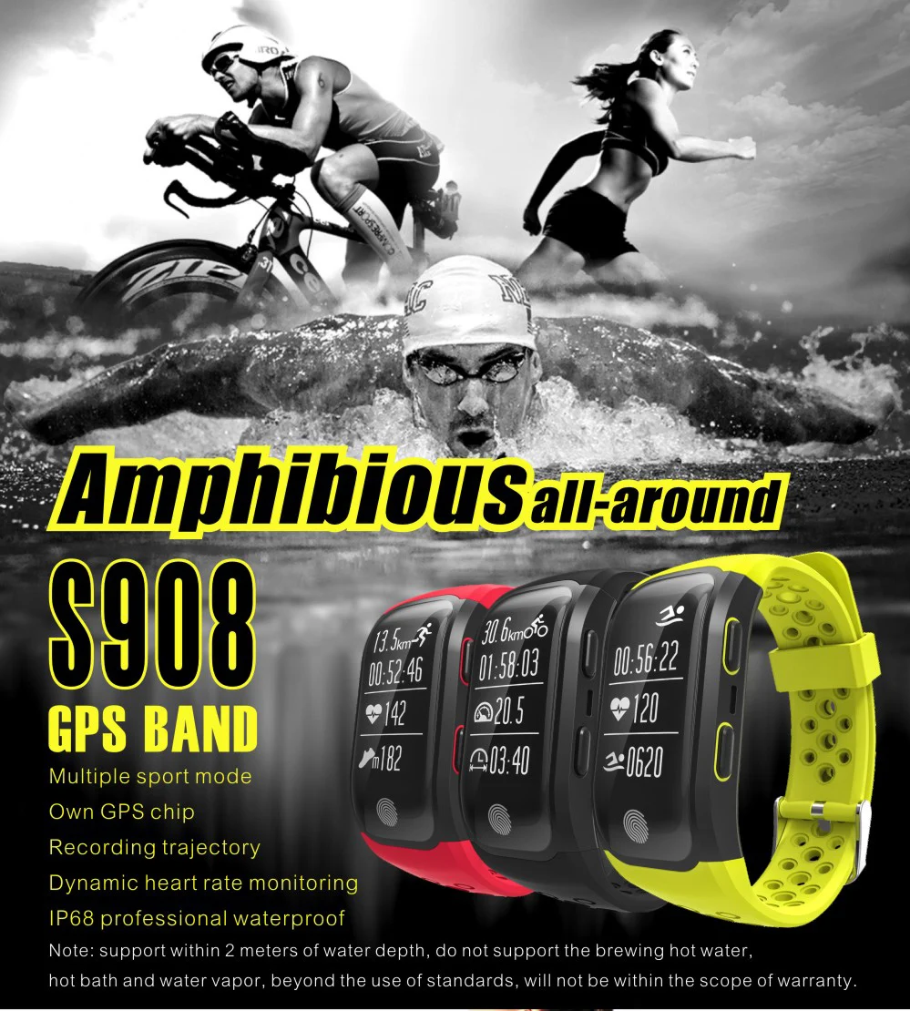 

S908 GPS Smart Wristband Heart Rate / Sleep Monitor Sedentary Reminder Pedometer IP68 Waterproof Smart Watch With Touch Key