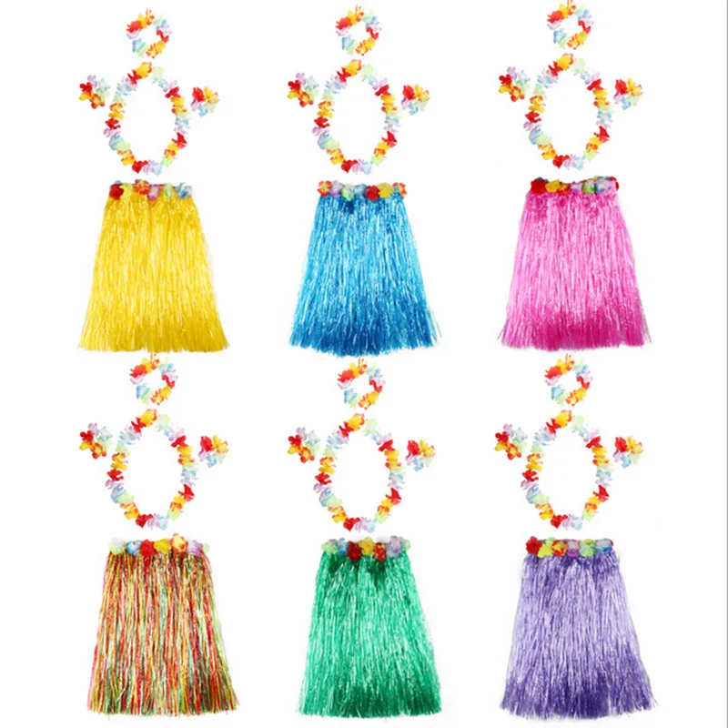 

Halloween Cosplay Costume Moana Cos Hawaiian Hula Skirt Flower Garland 5 PCS Set Multy Color For Kid Adult Disguise For Carnival